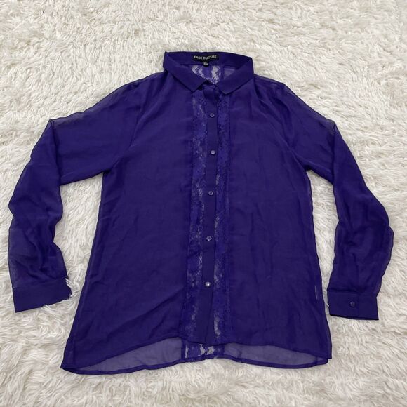 FREE CULTURE Sheer lace Top Button Up Shirt Women L Fairy Boho Whimsy Romantic - Picture 15 of 16